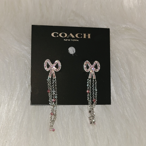 Coach Swarovski Crystals Chains Silver Pave Bow Earrings - Picture 2 of 6